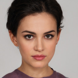 Neutral white young-adult female with short  brown hair and brown eyes