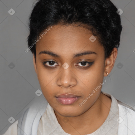 Neutral black young-adult female with short  black hair and brown eyes