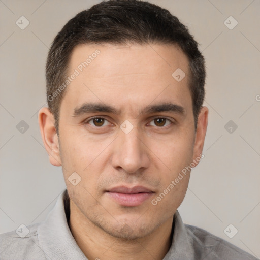 Joyful white young-adult male with short  brown hair and brown eyes