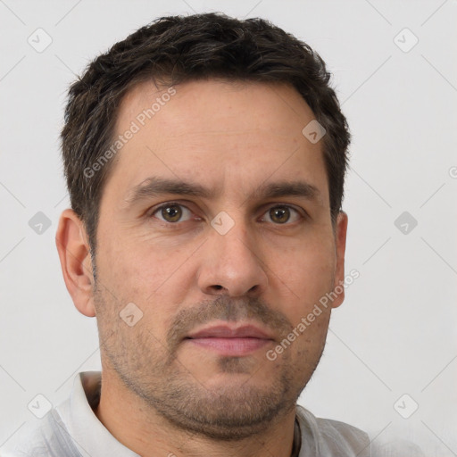 Neutral white adult male with short  brown hair and brown eyes