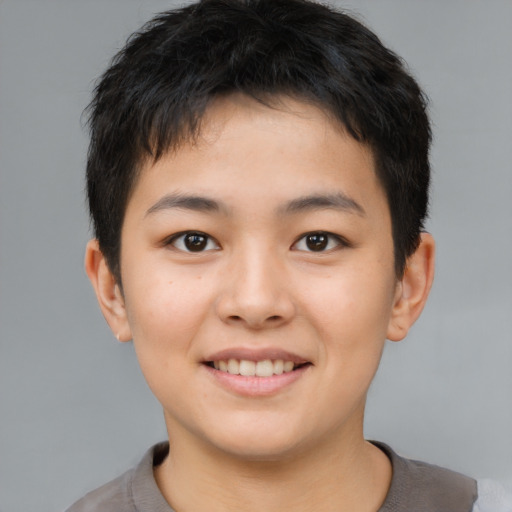Joyful asian child male with short  brown hair and brown eyes