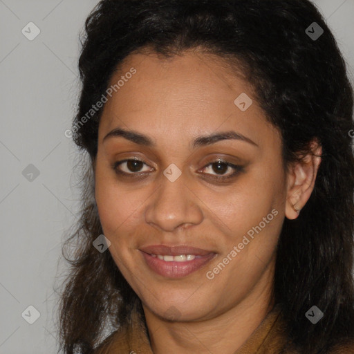 Joyful latino young-adult female with long  brown hair and brown eyes