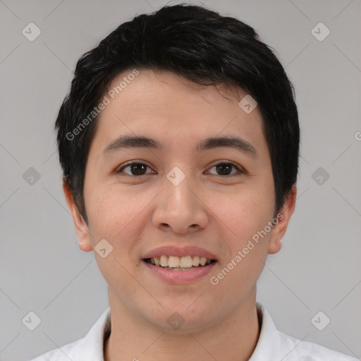 Joyful asian young-adult male with short  black hair and brown eyes