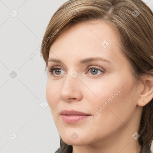 Neutral white young-adult female with long  brown hair and grey eyes