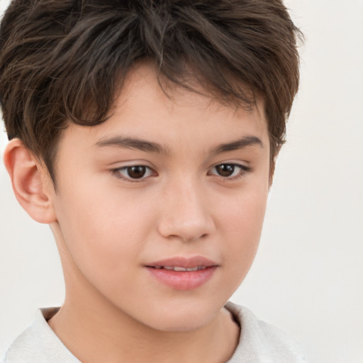 Joyful white child female with short  brown hair and brown eyes