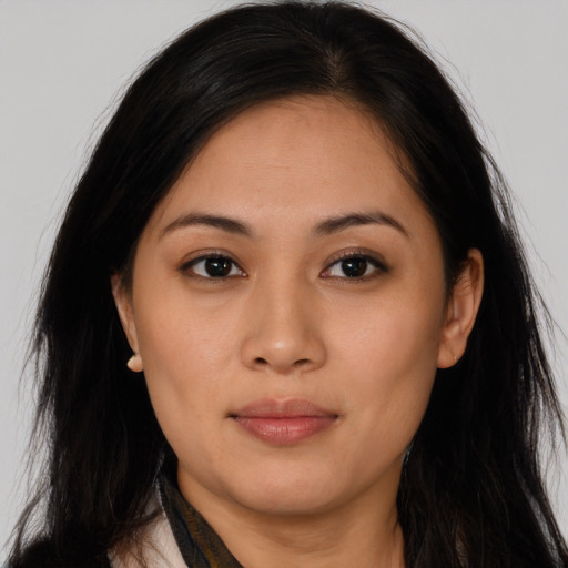 Neutral asian young-adult female with long  brown hair and brown eyes