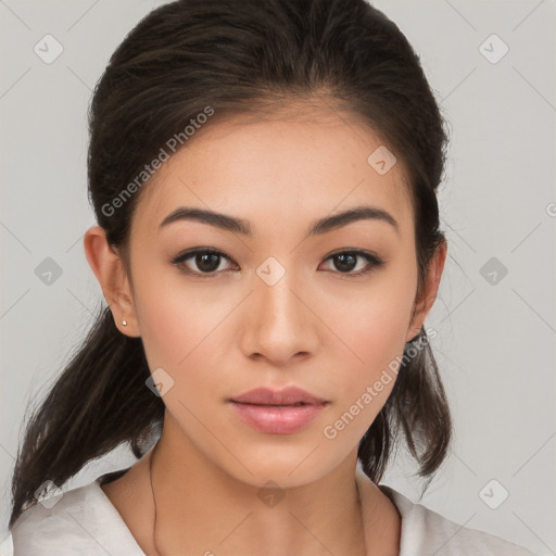 Neutral white young-adult female with medium  brown hair and brown eyes