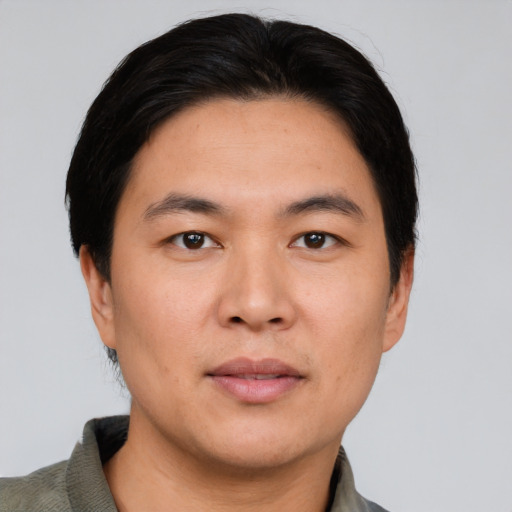 Neutral asian young-adult male with short  black hair and brown eyes