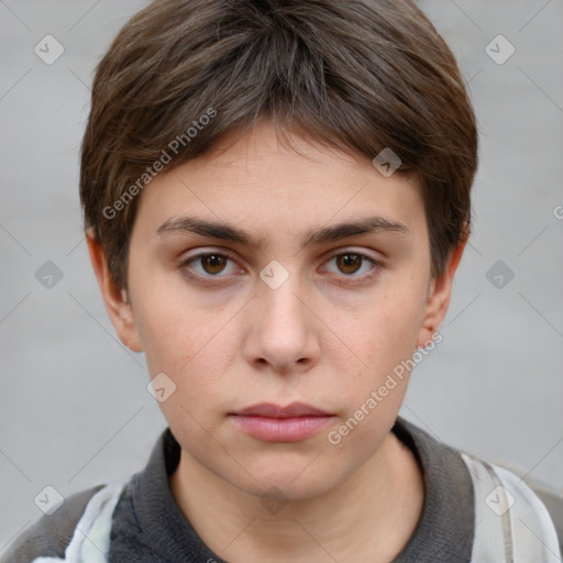 Neutral white young-adult female with short  brown hair and brown eyes