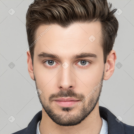 Neutral white young-adult male with short  brown hair and brown eyes