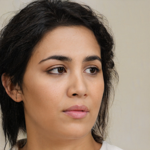 Neutral asian young-adult female with medium  brown hair and brown eyes