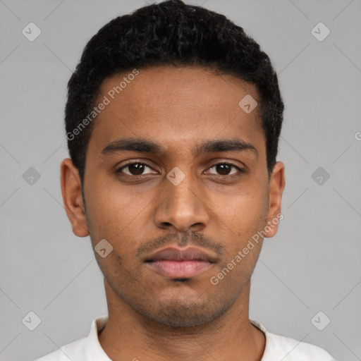 Neutral latino young-adult male with short  black hair and brown eyes