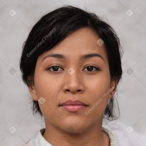 Neutral asian young-adult female with medium  brown hair and brown eyes