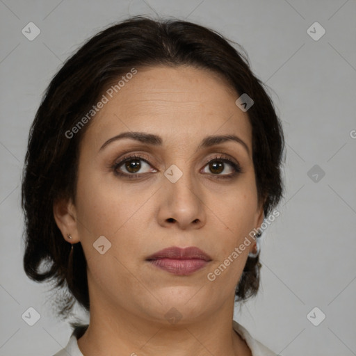 Neutral white adult female with medium  brown hair and brown eyes