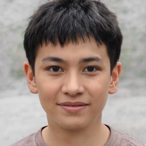 Joyful asian child male with short  brown hair and brown eyes