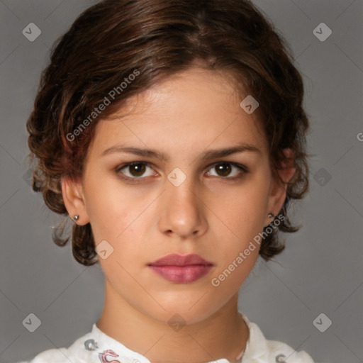 Neutral white young-adult female with medium  brown hair and brown eyes