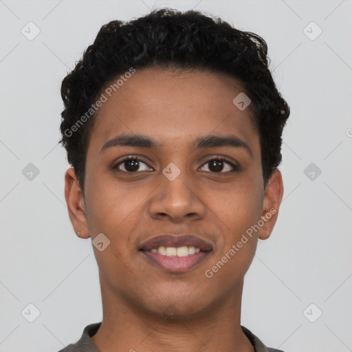 Joyful latino young-adult female with short  black hair and brown eyes