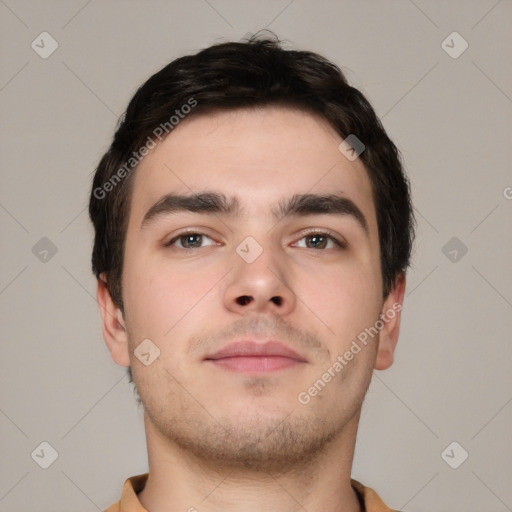 Neutral white young-adult male with short  brown hair and brown eyes