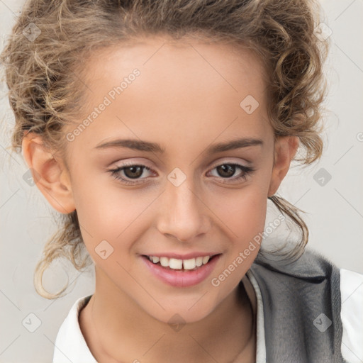 Joyful white child female with medium  brown hair and brown eyes