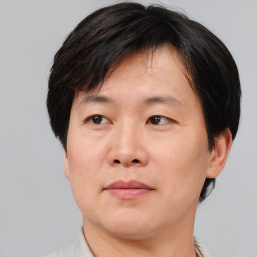 Neutral asian adult male with short  brown hair and brown eyes