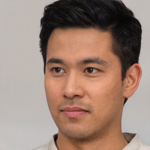 Neutral asian young-adult male with short  black hair and brown eyes