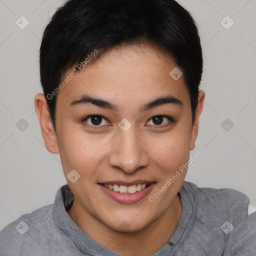 Joyful asian young-adult female with short  brown hair and brown eyes