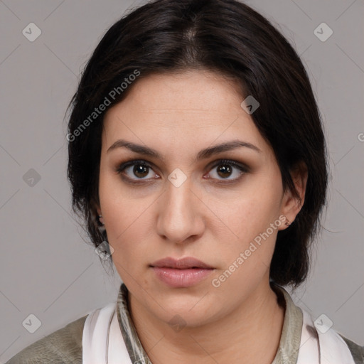 Neutral white young-adult female with medium  brown hair and brown eyes