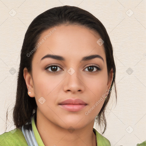 Neutral latino young-adult female with medium  brown hair and brown eyes