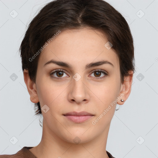 Neutral white young-adult female with short  brown hair and brown eyes