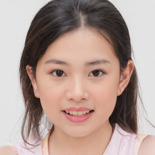 Joyful white child female with medium  brown hair and brown eyes