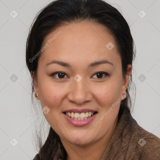 Joyful white young-adult female with medium  brown hair and brown eyes