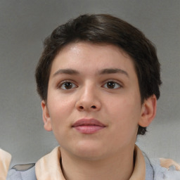 Neutral white young-adult female with short  brown hair and brown eyes