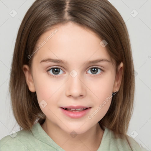 Joyful white child female with medium  brown hair and brown eyes