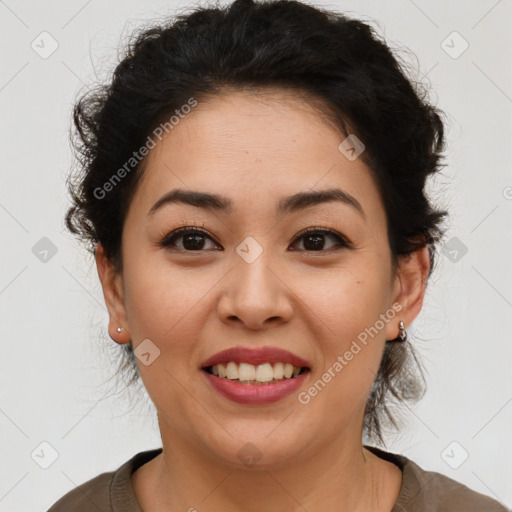 Joyful latino young-adult female with short  brown hair and brown eyes