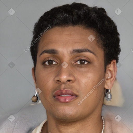 Neutral black young-adult female with short  brown hair and brown eyes