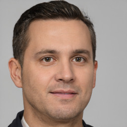 Neutral white adult male with short  brown hair and brown eyes