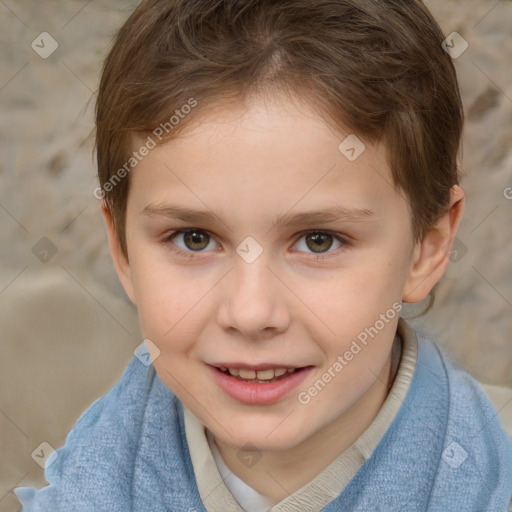 Joyful white child female with short  brown hair and brown eyes