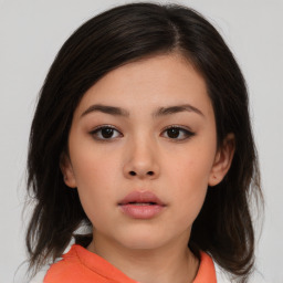 Neutral asian young-adult female with medium  brown hair and brown eyes