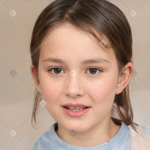 Joyful white child female with medium  brown hair and brown eyes