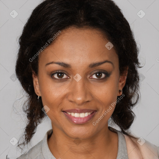 Joyful black young-adult female with medium  brown hair and brown eyes