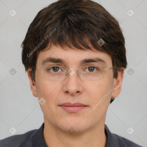 Neutral white young-adult male with short  brown hair and brown eyes