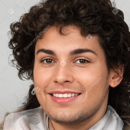 Joyful white young-adult male with medium  brown hair and brown eyes