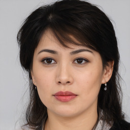 Neutral asian young-adult female with medium  brown hair and brown eyes