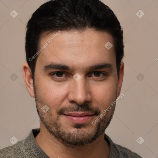 Joyful white young-adult male with short  black hair and brown eyes