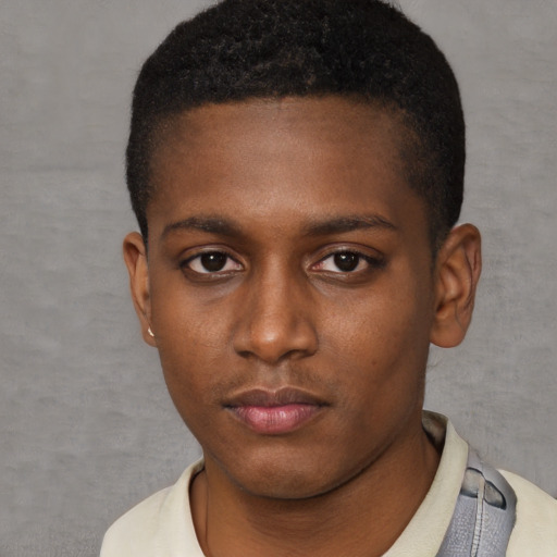 Neutral black young-adult male with short  black hair and brown eyes