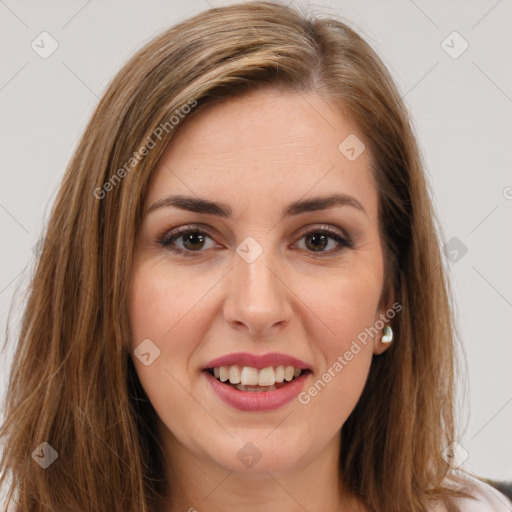 Joyful white young-adult female with long  brown hair and brown eyes