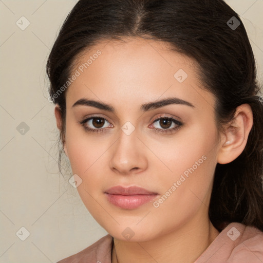 Neutral white young-adult female with long  brown hair and brown eyes