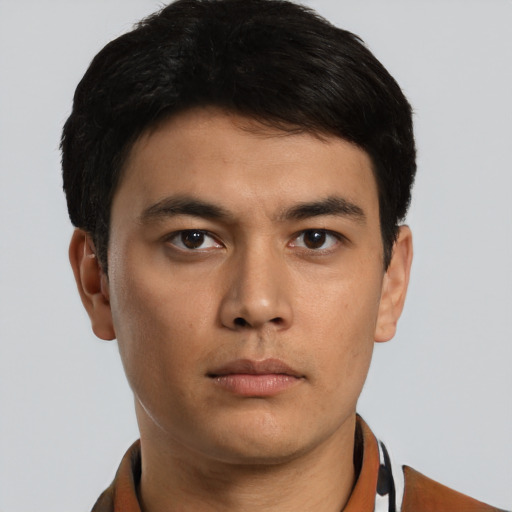 Neutral asian young-adult male with short  brown hair and brown eyes