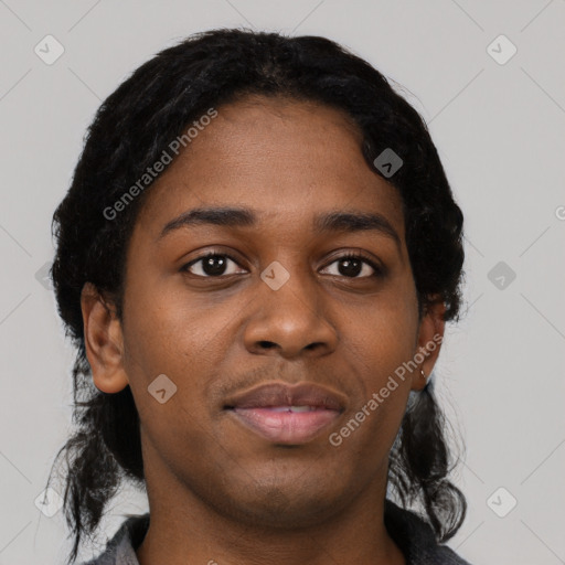 Neutral black young-adult female with short  black hair and brown eyes