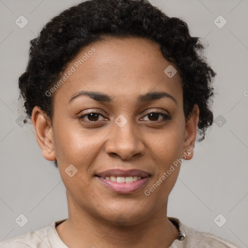 Joyful latino young-adult female with short  brown hair and brown eyes